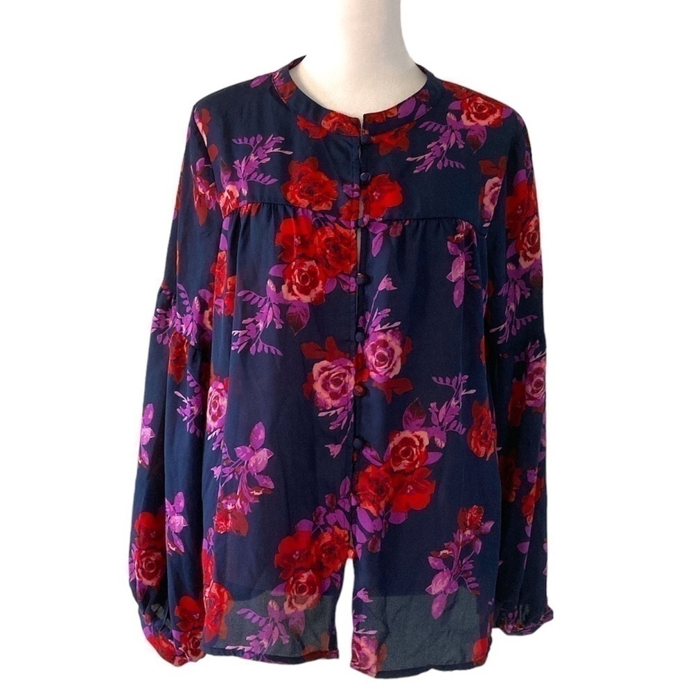 Ophelia Roe medium blouse floral button down sheer purple long sleeves